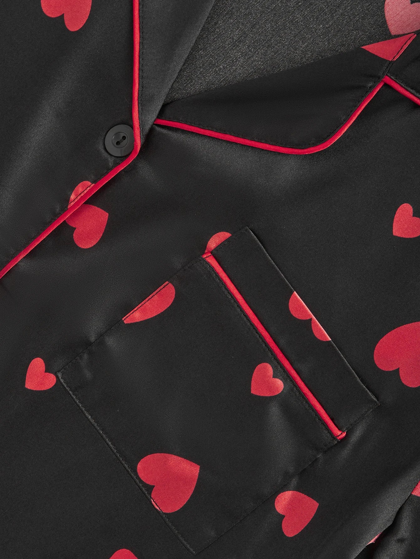 Women's Satin Silk Pajama Set Black Red Heart Print Short Sleeve Long Pants 2 Piece Loungewear Button Down Sleepwear