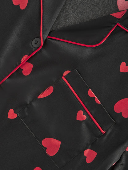Women's Satin Silk Pajama Set Black Red Heart Print Short Sleeve Long Pants 2 Piece Loungewear Button Down Sleepwear