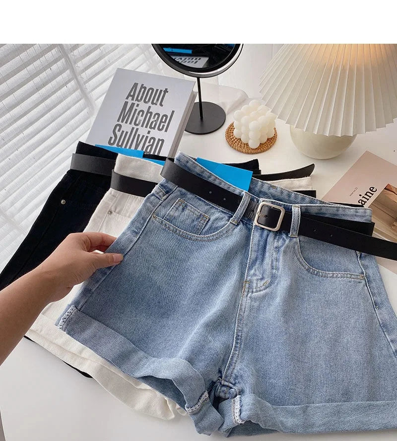 Women's High-Waist Denim Shorts – Wide-Leg Jean Shorts with Belt