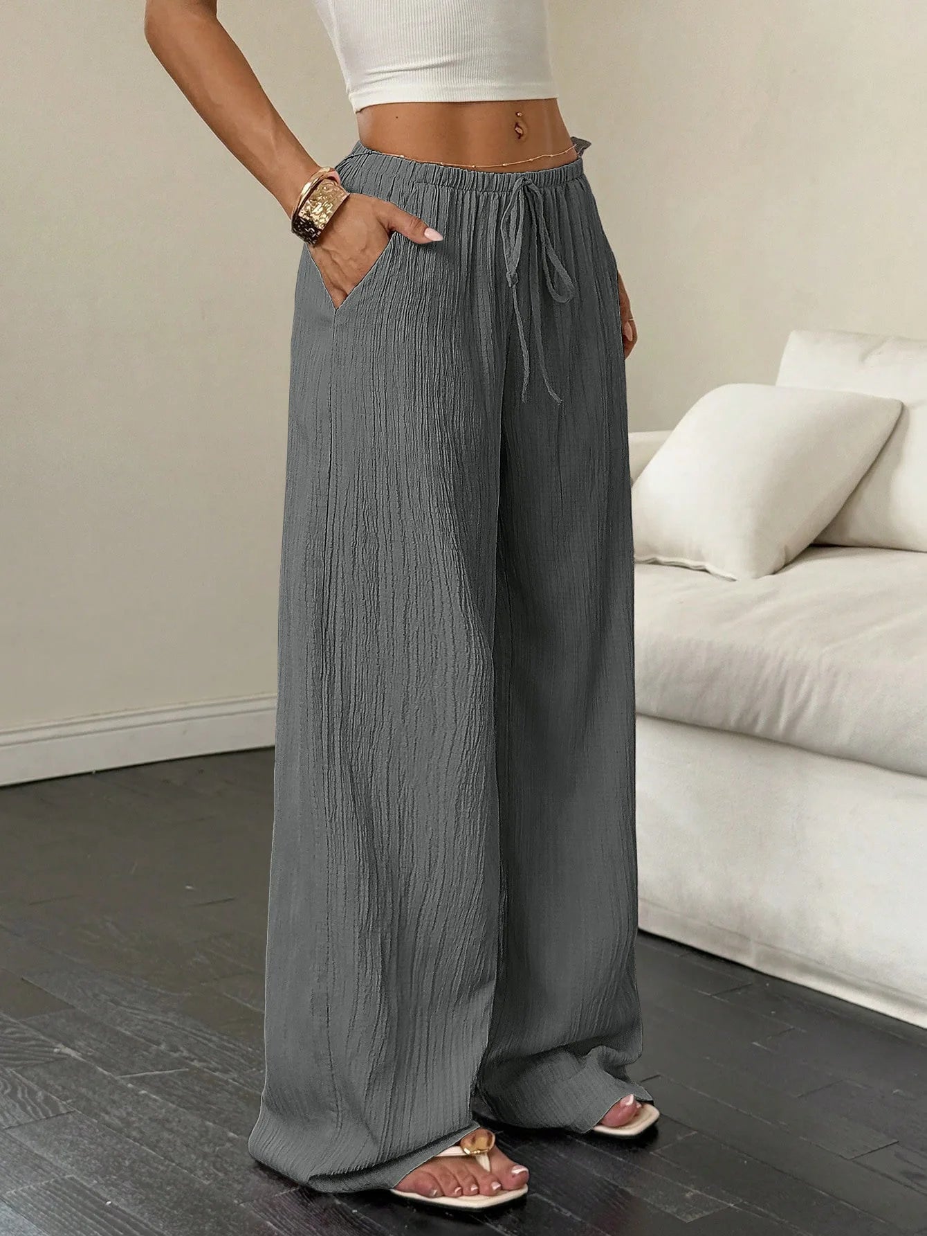 Women's Wide-Leg Cotton-Linen Blend Casual Floor-Length Pants Relaxed-Fit Drawstring Trousers for Home & Strolls