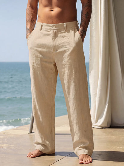 New Men Cotton Linen Pants Summer and Autumn Solid High Waist Wide-Leg Trousers Male Loose Hemp Casual Breathable Sports Pants