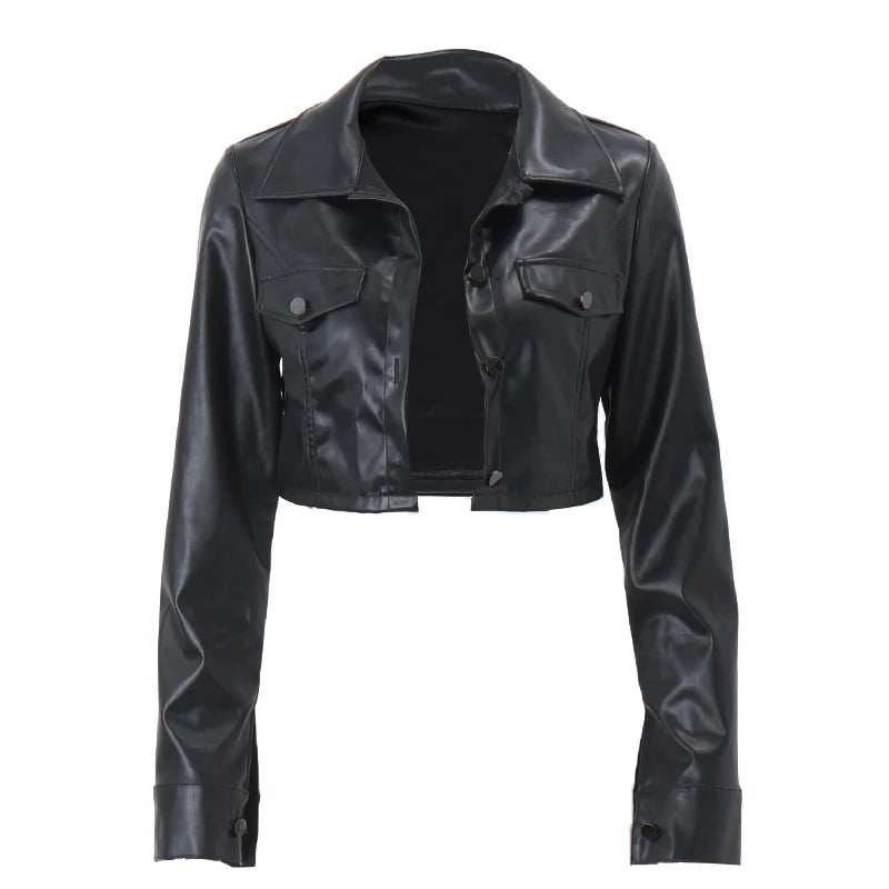 WhereMery Faux Leather Short Jacket Y2K Turn-down Collar Fashion Botton Decoration PU Coat 2022 Grunge Street Casual Women Coats