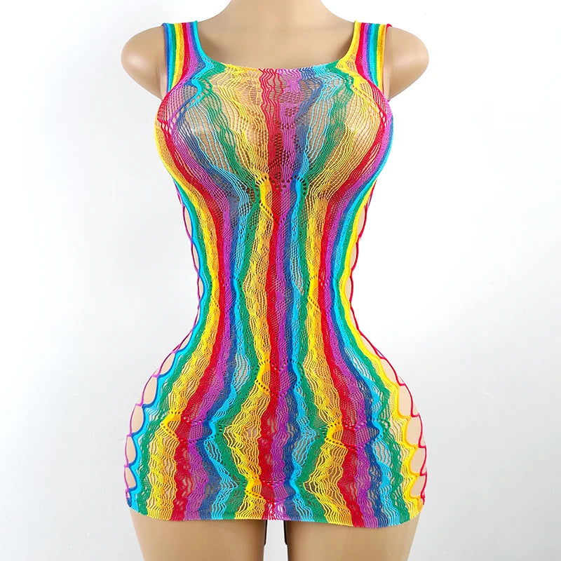 Women Rainbow Fishnet Cover Up Dress Sexy See Through Hollow Out Elastic Swimwear Beachwear Summer for Music Festival Vacation