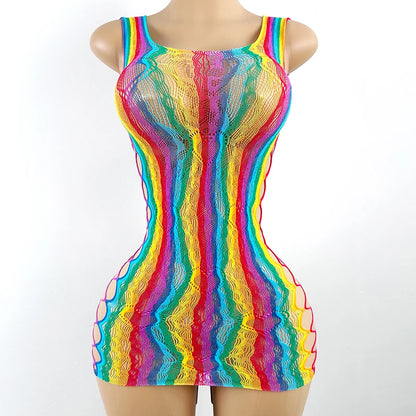 Women Rainbow Fishnet Cover Up Dress Sexy See Through Hollow Out Elastic Swimwear Beachwear Summer for Music Festival Vacation