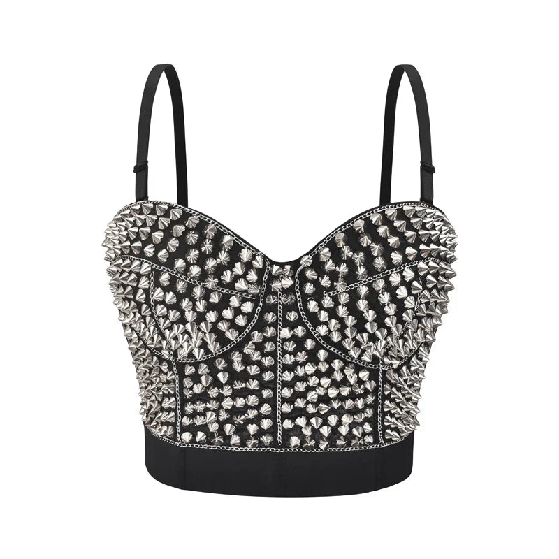 Silver Rivets Rave Rock Straps Push Up Bra For Women Hot And Sexy Bralette Top y2k Steampunk Brassiere Pole Dance Nightclub Wear