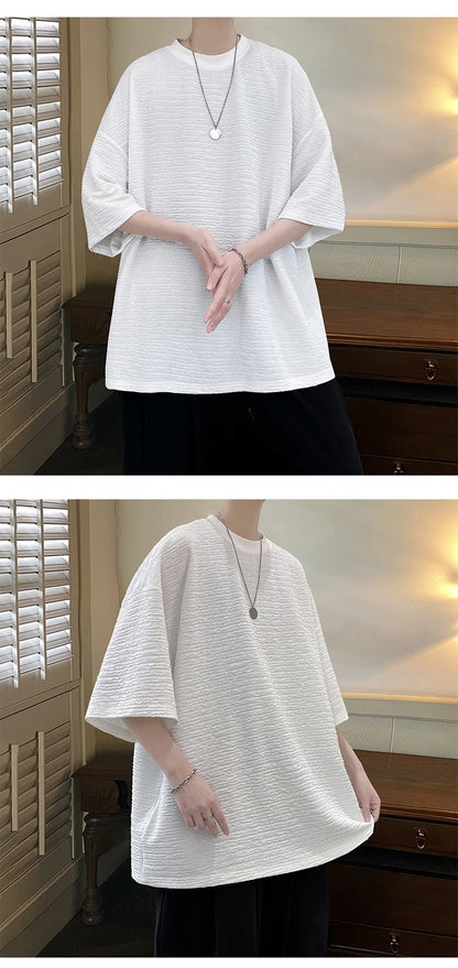 Summer Striped Texture T Shirt Men Korean Style Short Sleeve Loose  Fashion Casual Easy-care Tshirt Oversized Tops White/Black