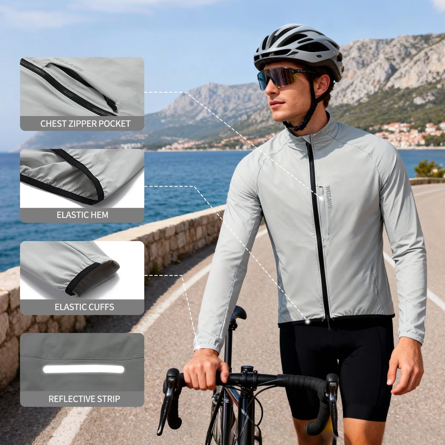 WOSAWE Cycling Jacket Lightweight Windproof Long Sleeved MTB Road Bike Windbreaker Reflective Breathable Jacket Bicycle Clothing
