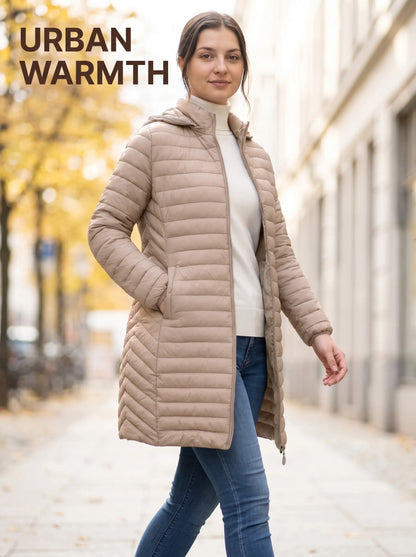 Ultralight Packable Puffer Coat for Women Long Warm Loose Solid Outwear with Detachable Hood