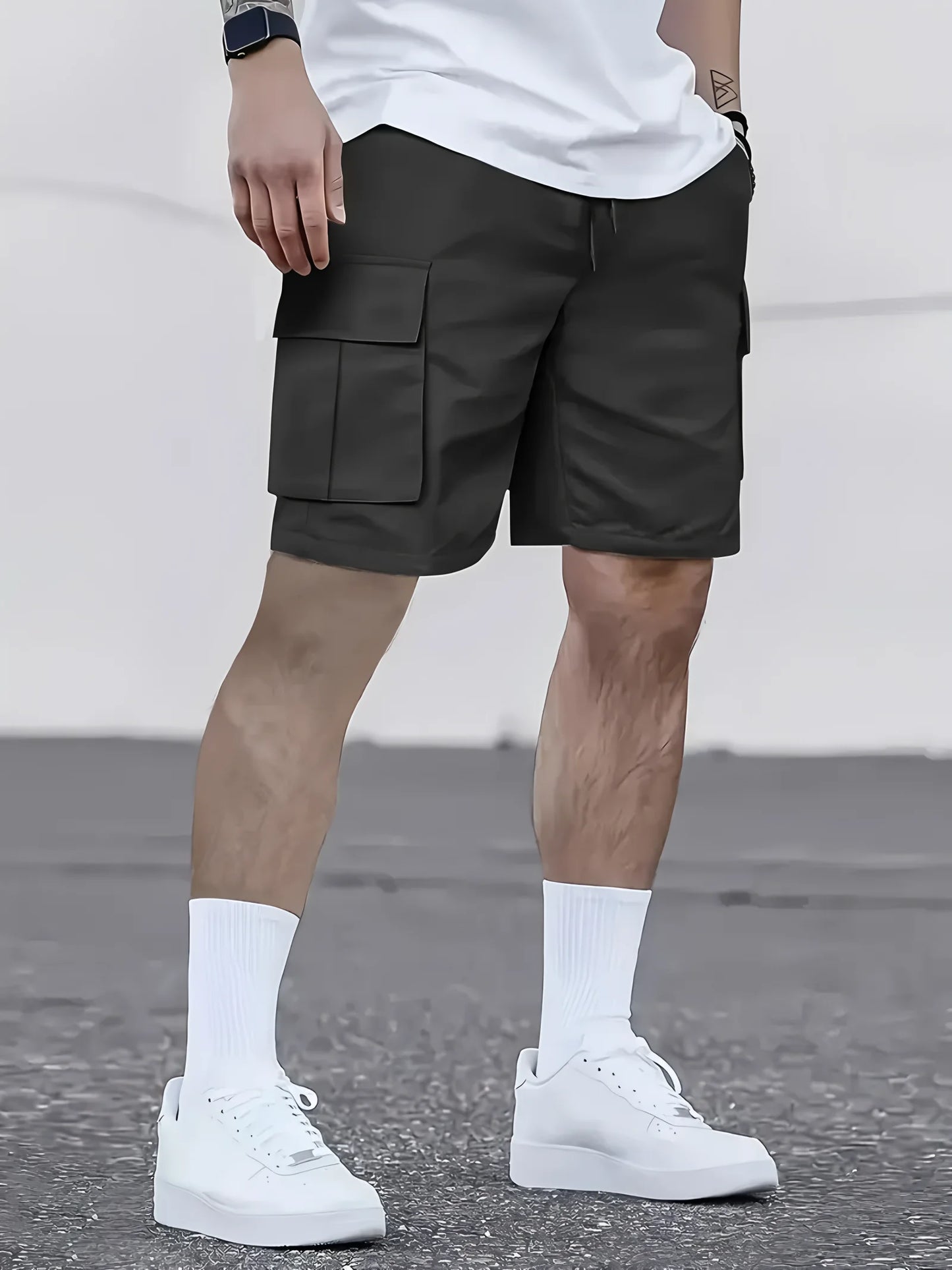 Men's Work Shorts - Multi-Pocket Cargo, Elastic Waistband, Breathable Polyester
