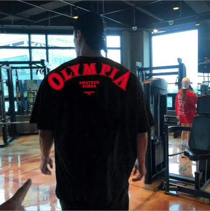 OLYMPIA Cotton Gym Shirt Sport T Shirt Men Short Sleeve Running Shirt Men Workout Training Tees Fitness Loose large size M-XXXL