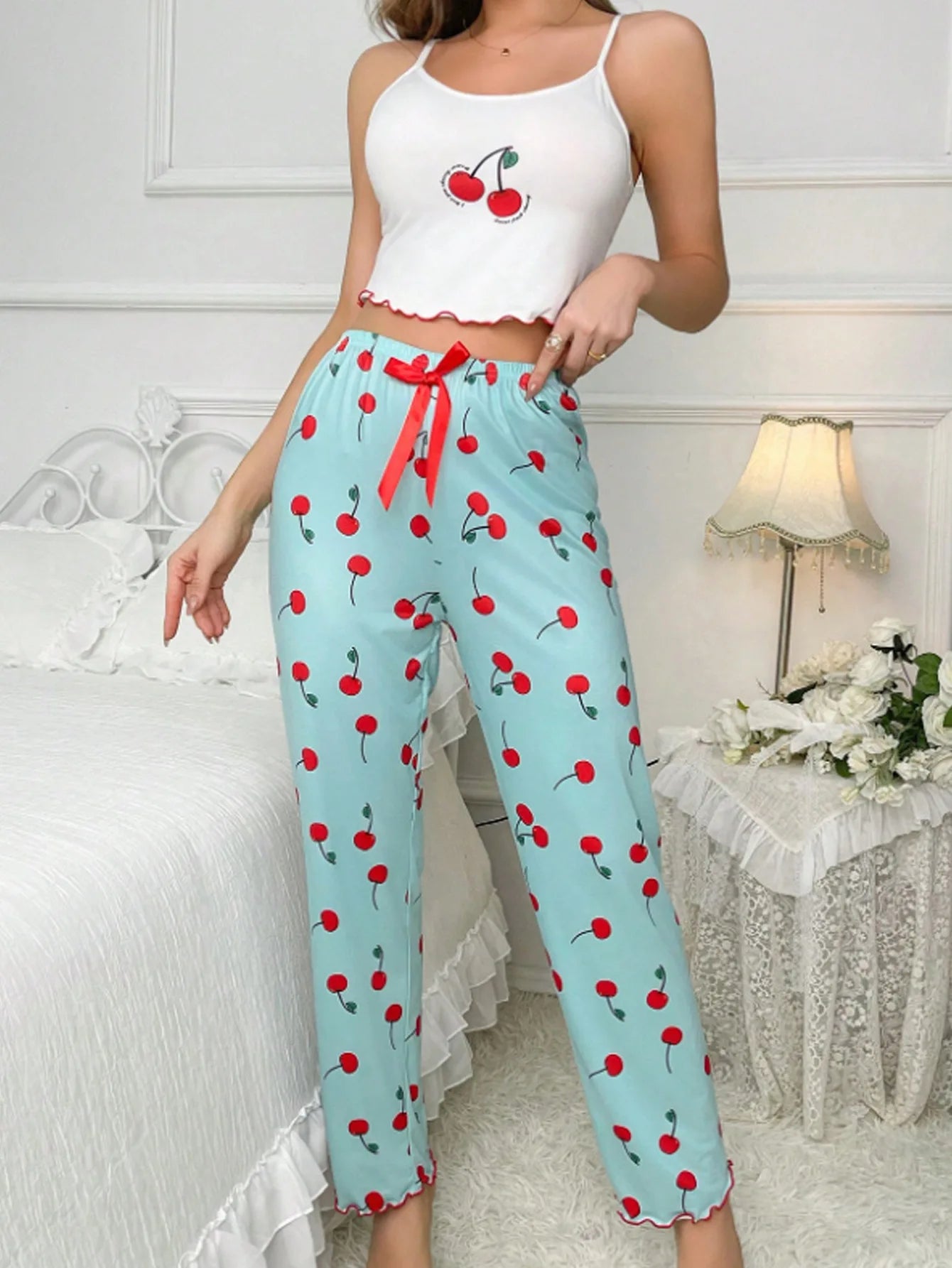 Y2K Coquette Cherry Print Pajama Set Womens Cami Crop Top Pants Two Piece Sleepwear Loungewear Summer Spring Autumn Outfits