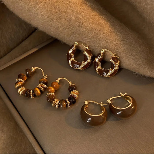 Tiger's-Eye U-Shaped Hoop Earrings – Gold-Plated Vintage Ear Buckles