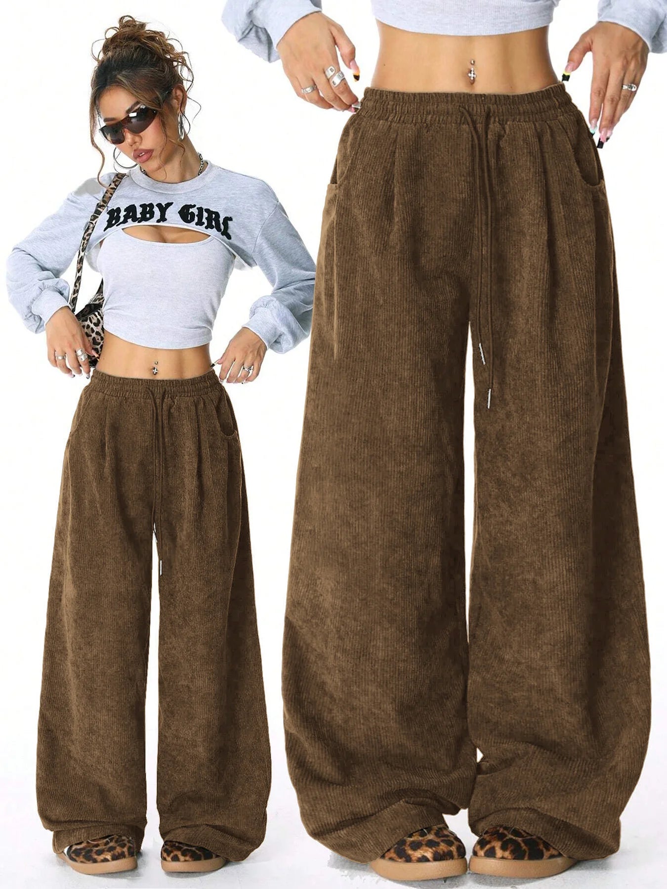 Women's Retro Corduroy Cargo Pants Casual Drawstring Straight Sports Pants Drape Daily Commuting Wide Leg Pants
