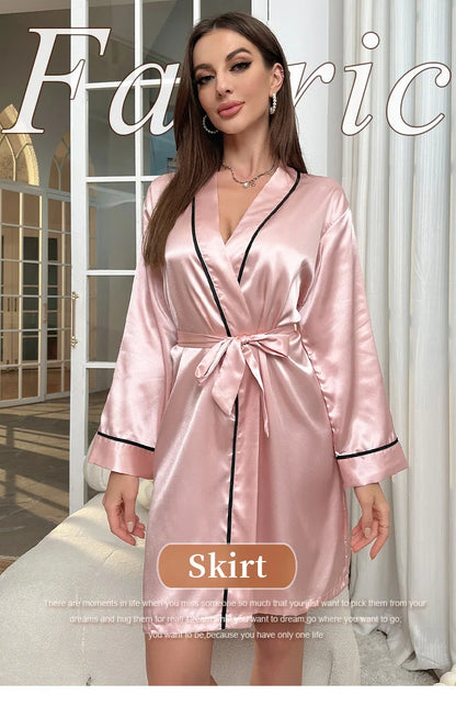 Womens Sexy Satin Robe Long Sleeve V Neck Short Kimono Contrast Piping Belted Sleepwear Loungewear Bridal Party Dressing Gown