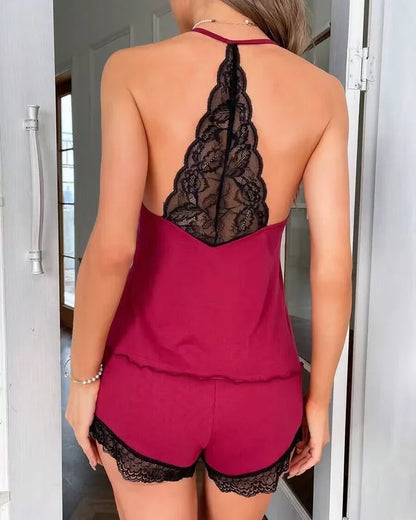 Womens Crochet Lace Pajama Set - Sleeveless V-Neck Casual Sleepwear - ZOOMNSTORE