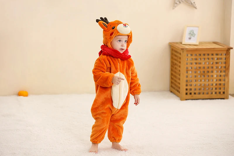 Baby Winter Rompers - Soft Polyester Hooded Jumpsuit With Animal Pattern, Machine Washable