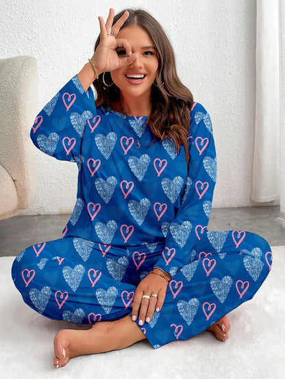 Autumn Winter Pink Heart Print Plus-Size Sleepwear Women Pajama Set Long Sleeve Tops and Trousers 3XL 4XL 5XL Loungewear