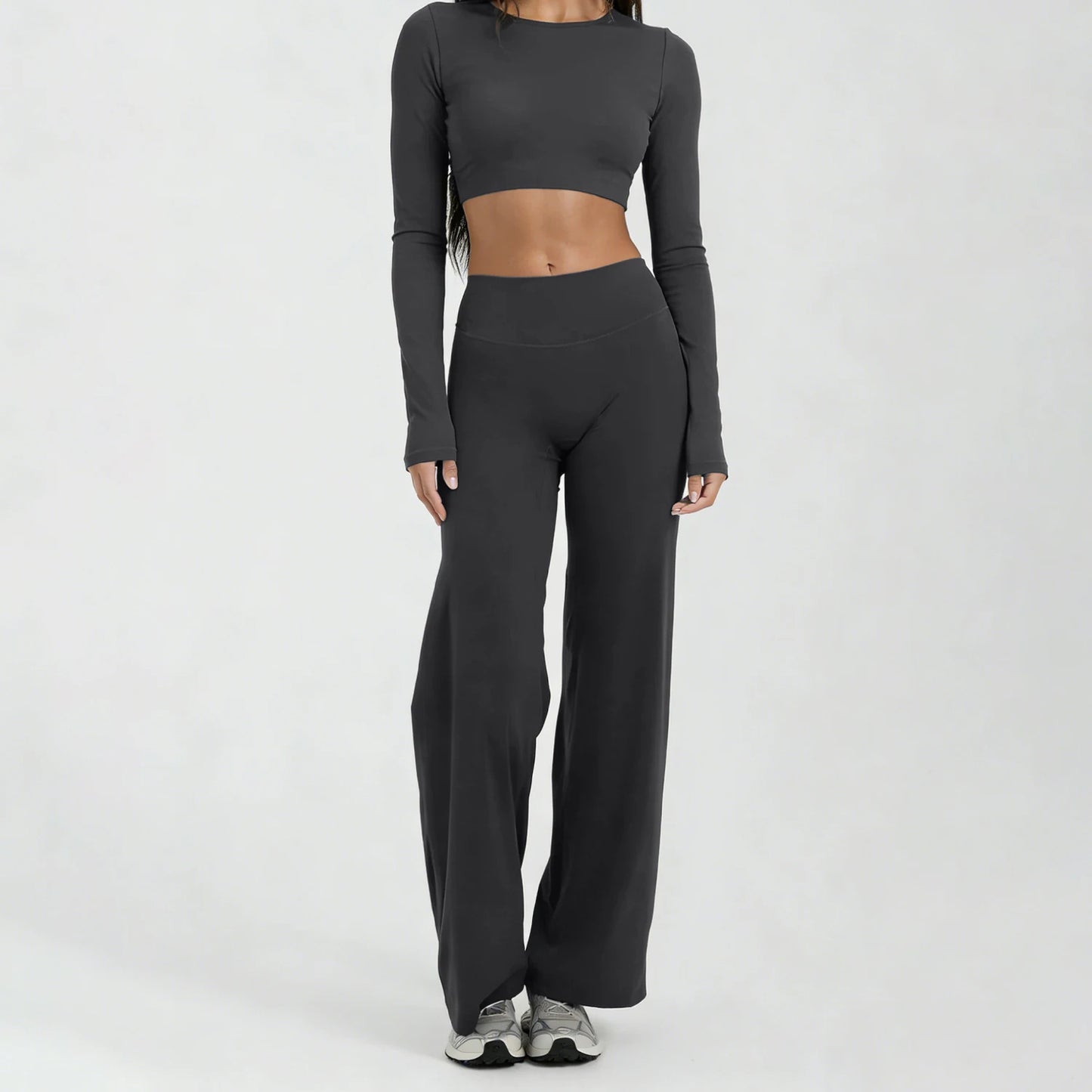 Running Sportswear Women 2 Piece Set Short Cropped Long Sleeve Top Straight Leg Yoga Pants Breathable Quick Dry Gym Suit