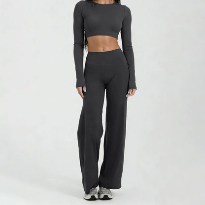 Running Sportswear Women 2 Piece Set Short Cropped Long Sleeve Top Straight Leg Yoga Pants Breathable Quick Dry Gym Suit