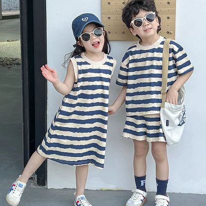 1pcs Summer Chldren Boy Stripe Short Sleeve Tops+Shorts Set Girl Sleeveless Vest Skirt Kids Toddler Fashion Leisure Clothes Set
