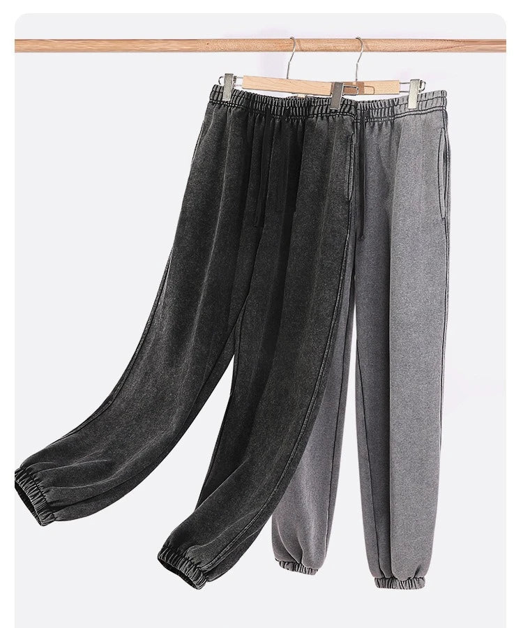 350g Water-Washed Distressed Loose Fit Casual Sweatpants with Ankle Ties - Retro American Style for Autumn/Spring