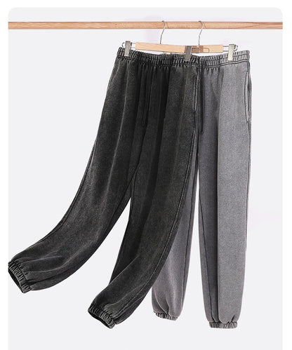 350g Water-Washed Distressed Loose Fit Casual Sweatpants with Ankle Ties - Retro American Style for Autumn/Spring