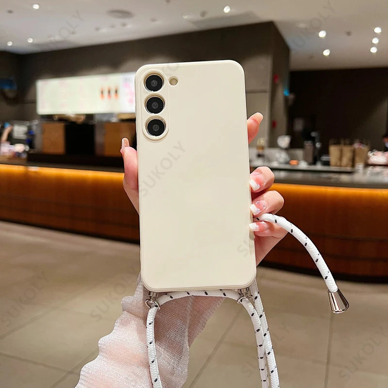 Crossbody Lanyard Soft Case For Samsung Galaxy S23 FE S25 Edge S26 S24 Ultra A17 A57 A37 A55 A56 A16 5G Liquid Silicone Cover
