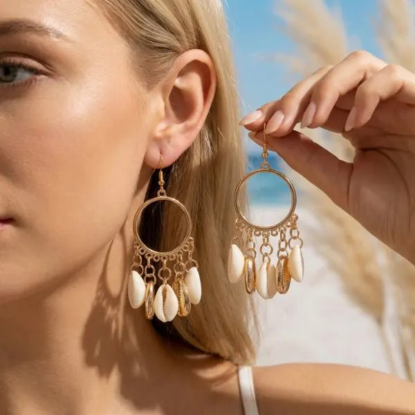 Boho Stone Hoop Earrings – Starfish & Shell Dangle (Y2K Beach)