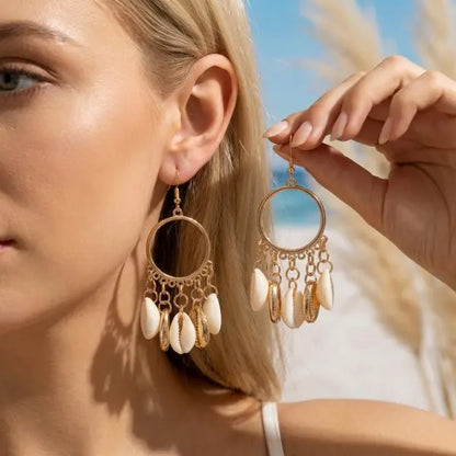 Boho Stone Hoop Earrings – Starfish & Shell Dangle (Y2K Beach)