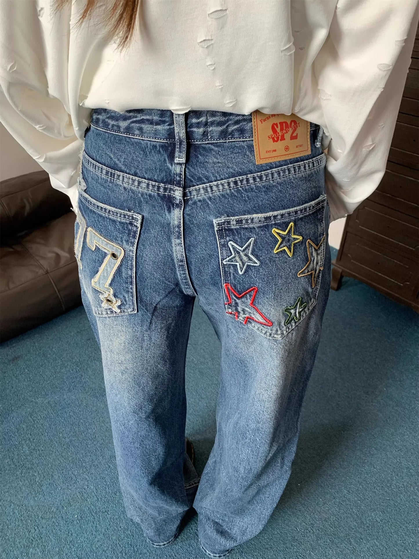 Women's Loose Straight Leg High Street American Style Jeans Wide Leg Trousers with Patch Design Couple Trendy Brand