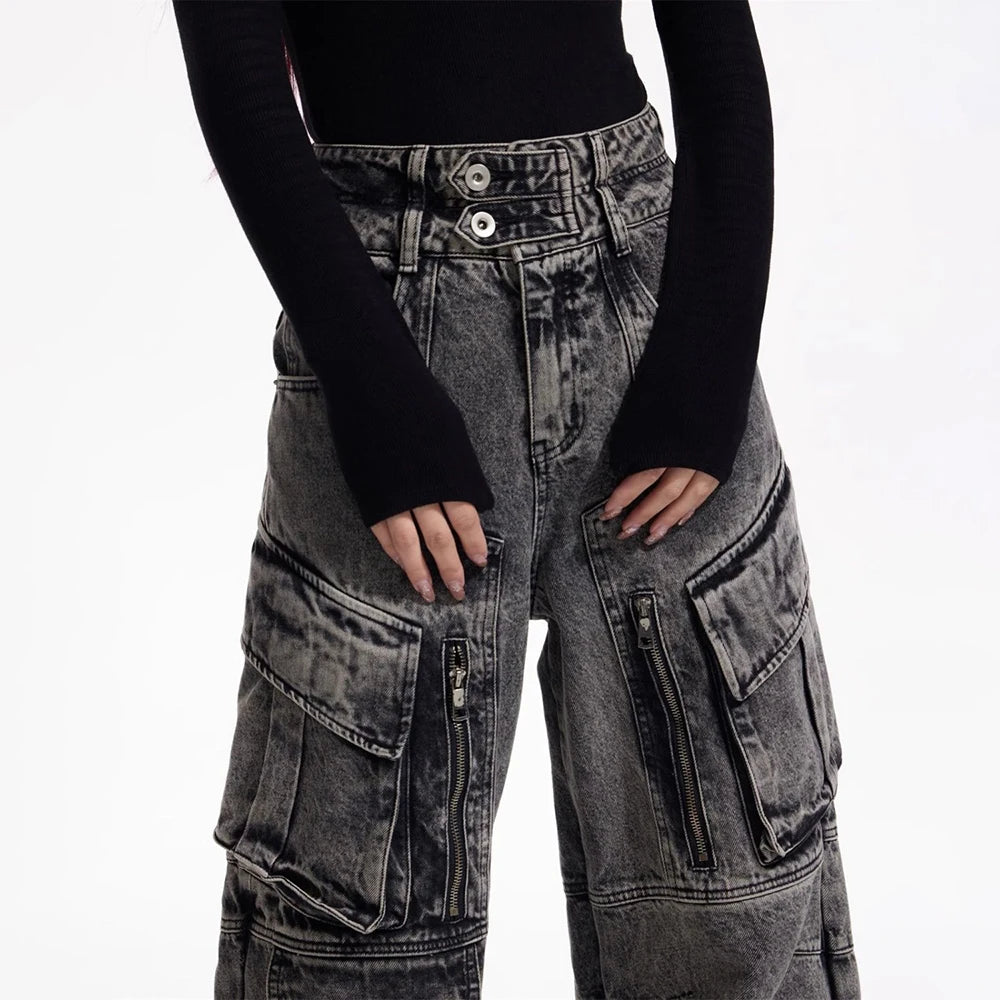 Men Gothic Jeans Y2k Big Pocket Cargo Jeans Streetwear Fashion Japanese Youth Campus Wide Leg Casual Pants Male Men'S Clothing