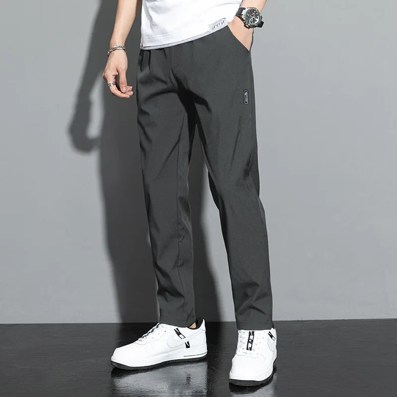 Ice Silk Male Pants 2026 Summer New Black Gray Thin Business Casual Pants Outdoor Elastic Breathable Straight Leg Sweatpants
