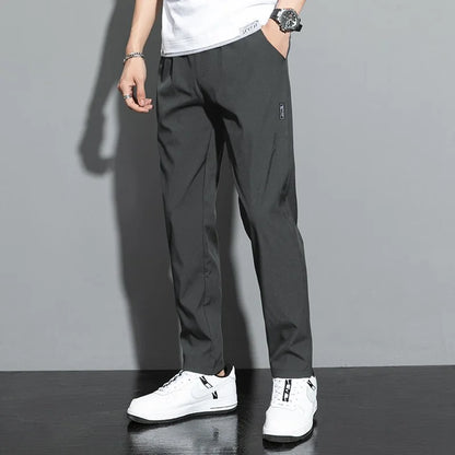 Ice Silk Male Pants 2026 Summer New Black Gray Thin Business Casual Pants Outdoor Elastic Breathable Straight Leg Sweatpants