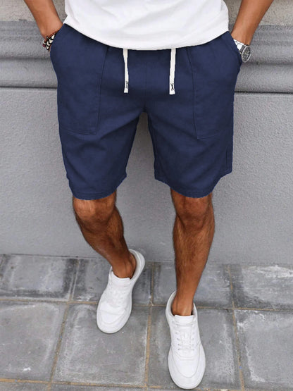 Summer Men's Retro American Style Shorts with Drawstring Casual Pants Included Solid Color Trendy Mid-Length Men's Shorts