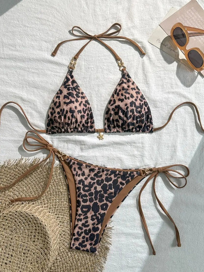 Leopard Print Bikini - Women's Halter Neck Swimsuit Set | Wire Free, Low Waist