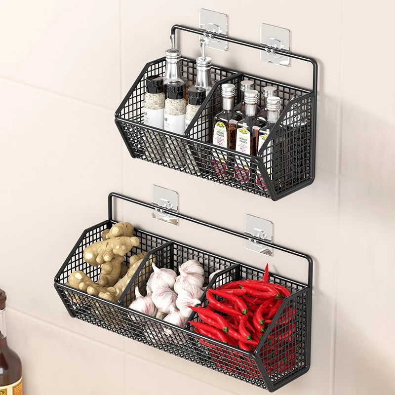 Wall Mounted Storage Rack - Multi Compartment Kitchen Shelf for Onion, Ginger & Garlic Organizer