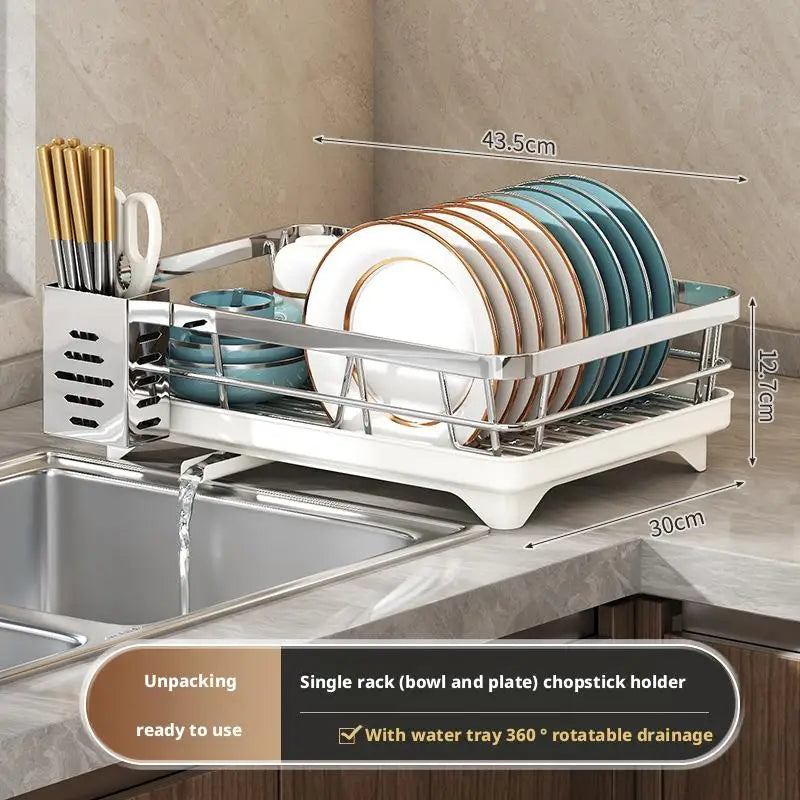 Dish Drying Rack - 2 Tier Stainless Steel Over Sink Shelf with Utensil Holder