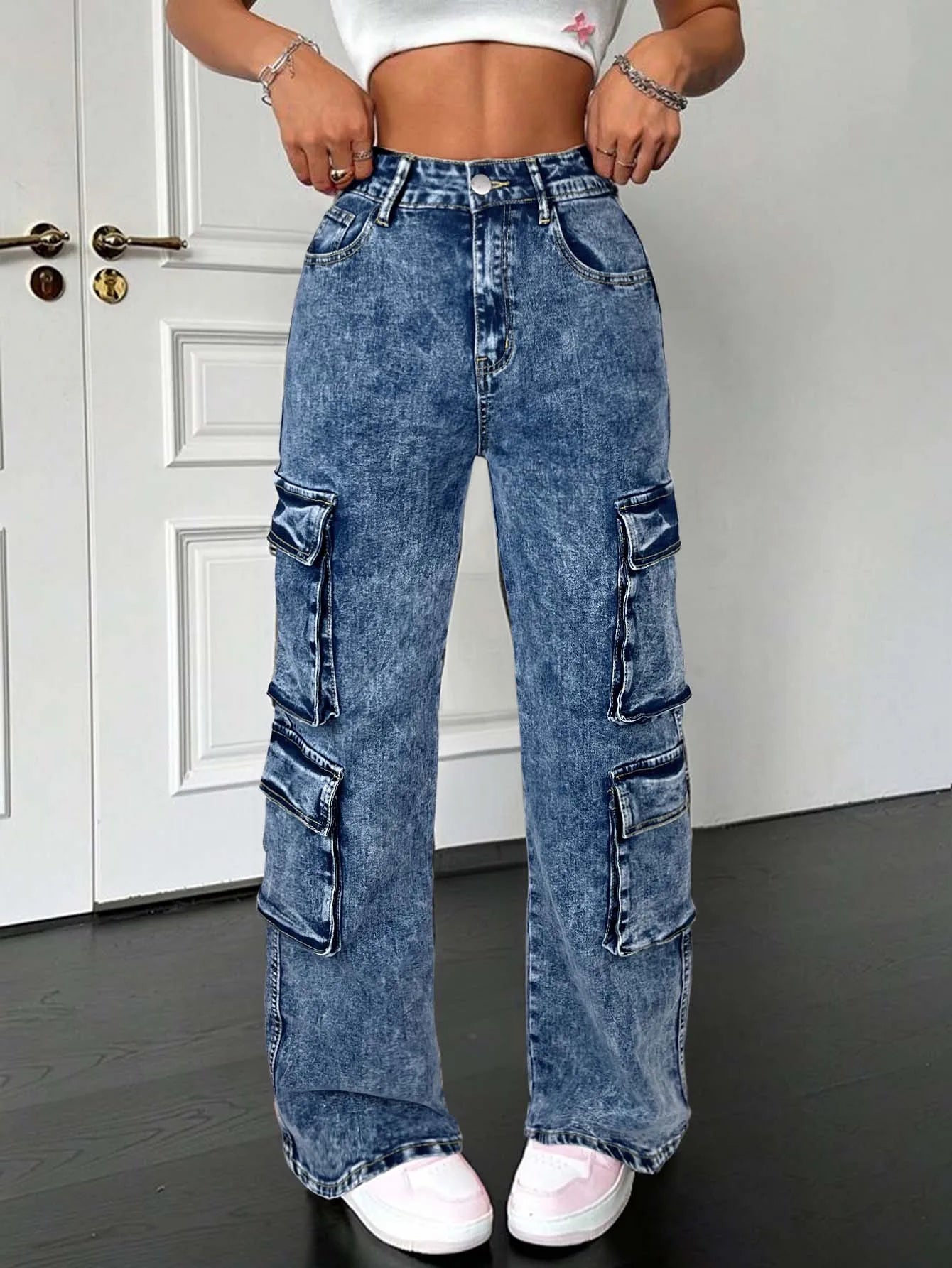 Trendy Casual Street Multi Flap Pockets Tape Elastic Waist Straight Leg Cargo Jeans Denim Pants All-Season Utility Denim Pants