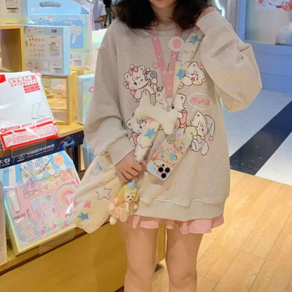 Japanese Kawaii Cartoon Print Long-sleeve Hoodies Harajuku Subculture Aesthetics Sweet Hoodie Tee Fashion Casual Loose Cute Tops