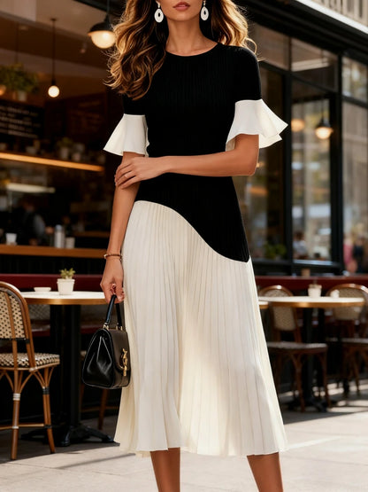 Black White Midi Dress - Slim Fit Ruffled Party Dress for Women | Half Sleeve Contrast Color