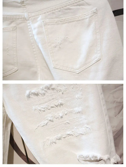 Men's Ripped Denim Shorts - Cropped Tattered White Casual Jeans With Zipper Fly Closure