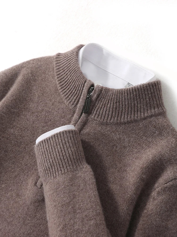 Men Mock Neck Zipper Sweaters 100% Merino Wool Pullover Casual Fashion Clothing Autumn Winter Thick Cashmere Knitwear Tops