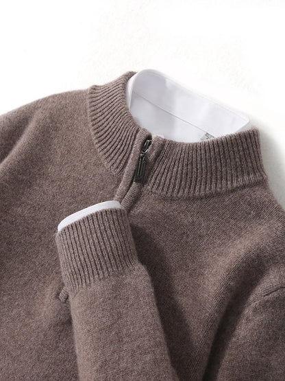 Men Mock Neck Zipper Sweaters 100% Merino Wool Pullover Casual Fashion Clothing Autumn Winter Thick Cashmere Knitwear Tops