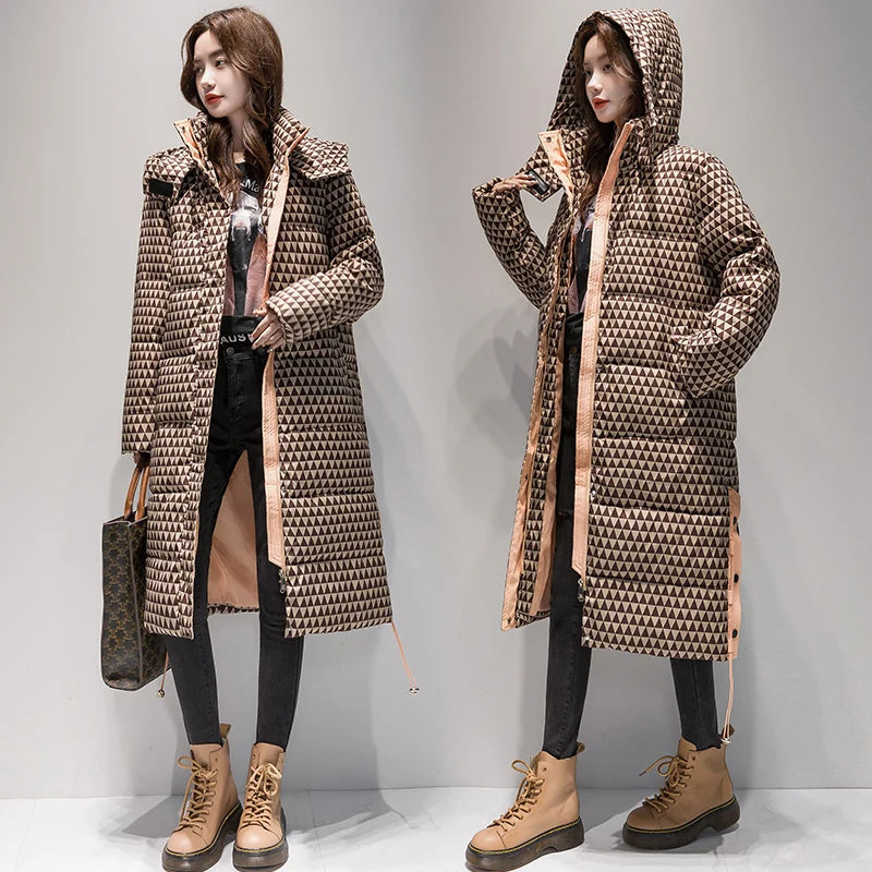 2023 Winter Warm  Plaid Long  Coat Women ' s Fashion Thicken Hooded Puffer Jacket Female Windproof Warm Outwear