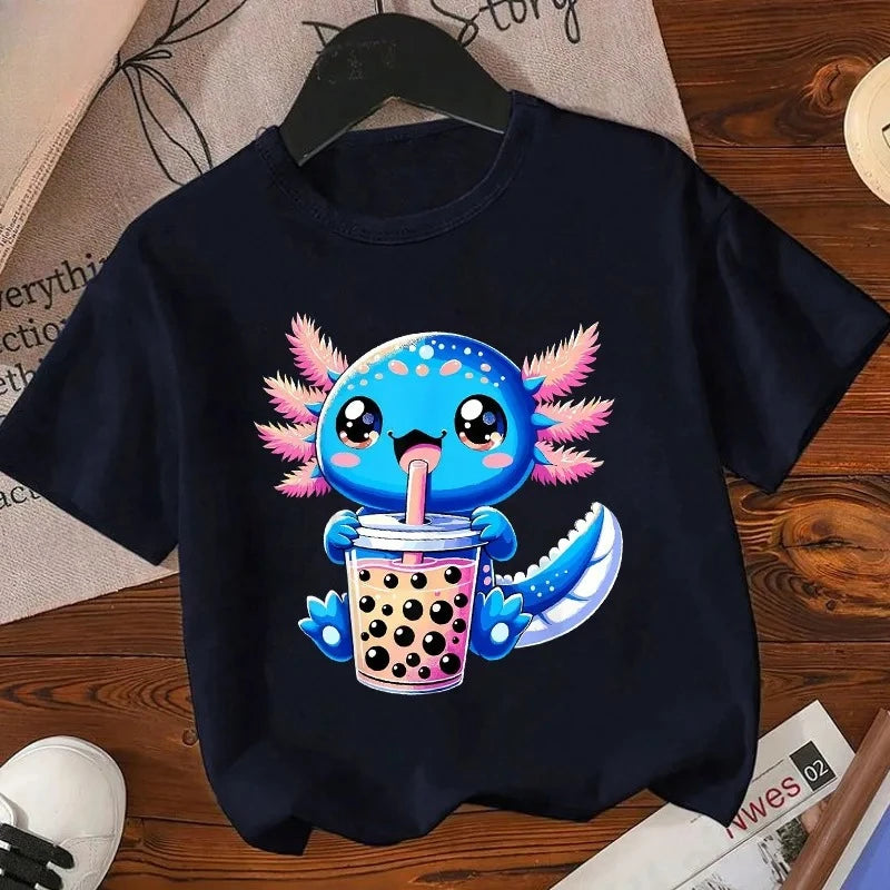 Axolotl Kawaii T Shirt Kid Summer Fashion T Shirt Children Streetwear Boba Axolotl Anime Casual Child Clothing Bithday Tshirts