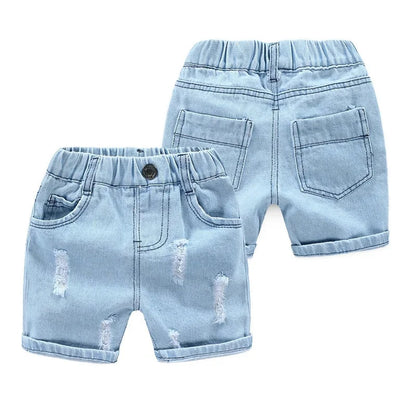 Kids Denim Boy Shorts - Casual Torn Jeans Knee Length Elastic Waist Fashion Trousers 2-8Y