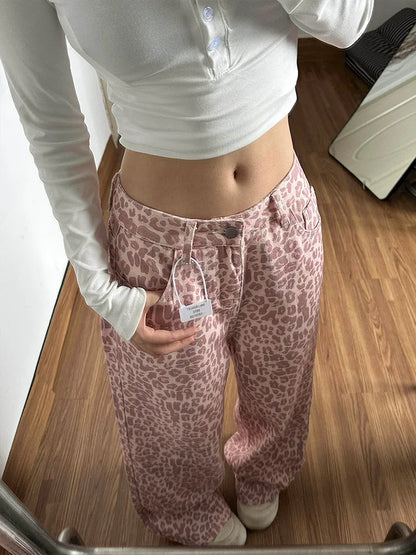 Pink Leopard Print Wide Leg Jeans Women Summer 2026 Loose Slimming Drapey Floor-Length Straight Cut Design Sensation