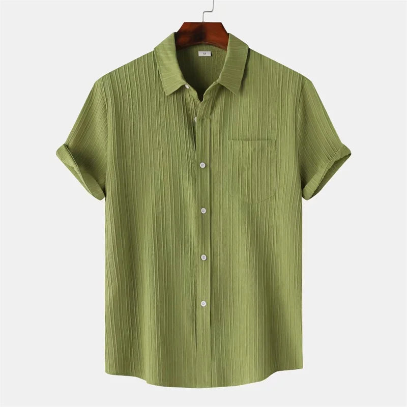 New 9 Color Men's Solid Striped Shirt Summer Fashion Short Sleeve Flap Top Men Casual Holiday Everyday Men