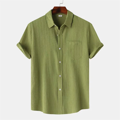New 9 Color Men's Solid Striped Shirt Summer Fashion Short Sleeve Flap Top Men Casual Holiday Everyday Men