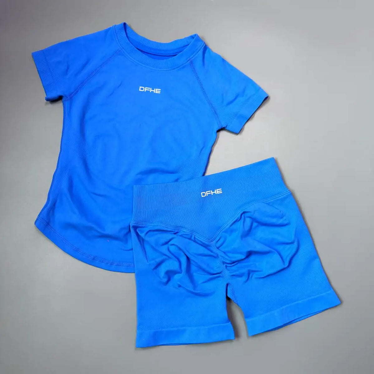 DFHE 2 Piece Athletic Tracksuit, Seamless Short Sleeve Yoga Wear, High Stretch Running Shorts, Gym Training Outfit